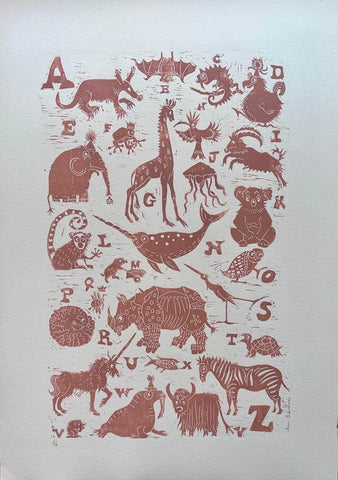 Ann Edwards 'Animal Alphabet A-Z - Terracotta' linocut ed of 75 60x43cm unframed