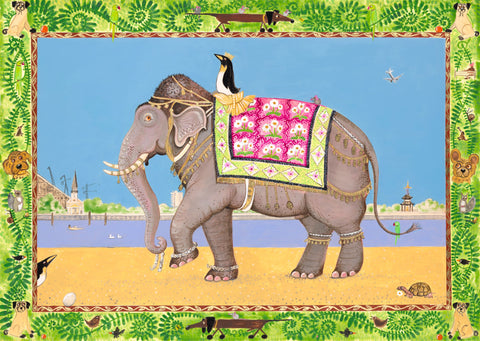 Ann Edwards 'Battersea Elephant' acrylic on Italian gesso poplar board with 22ct gold leaf 50x70cm (54x73cm framed)