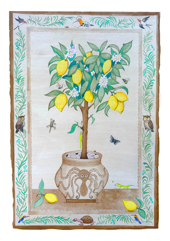 Ann Edwards 'Lemon Tree' mineral pigments inc lapis lazuli, malachite with walnut ink & shell gold on burnished watercolour paper 56x38cm