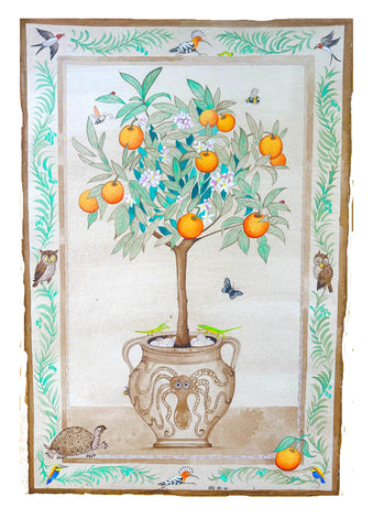 Ann Edwards 'Orange Tree' mineral pigments inc lapis lazuli, malachite with walnut ink & shell gold on burnished watercolour paper 56x38cm