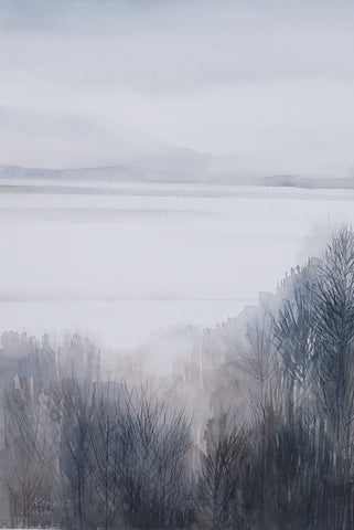 Anne Skinner RSW 'Loch View' watercolour 24x15cm (42x33cm framed)