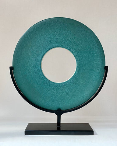 Anne Zieler 'Stellar II' white stoneware with Oribe and Chun blue glazes D31.5cm