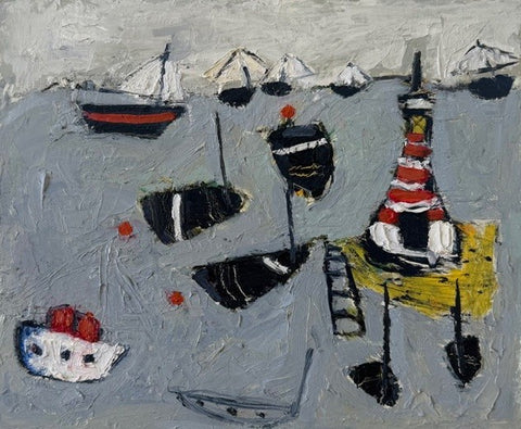 Annie Rouse 'Boats on choppy water' oil on board 25x30cm
