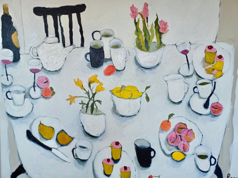 Annie Rouse 'Table with Peaches and Cherrycakes' oil on canvas 80x100cm