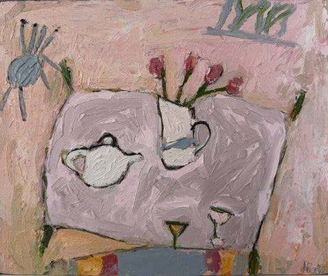 Annie Rouse 'Teapot and Tulips' oil on board 25x30cm