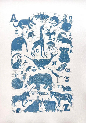 Ann Edwards 'Animal Alphabet A-Z - Powder Blue' linocut ed of 75 60x43cm unframed