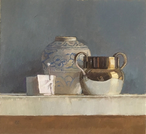 Barbara Richardson 'Ribbon with Pin' oil on board 17.5x19cm (32x33.5cm)