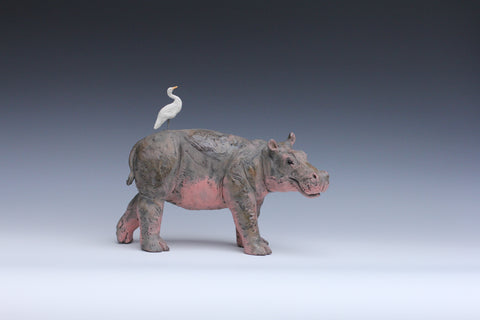 Jack Durling 'Blushing Hippo with Egret' ceramic H25cm L33cm