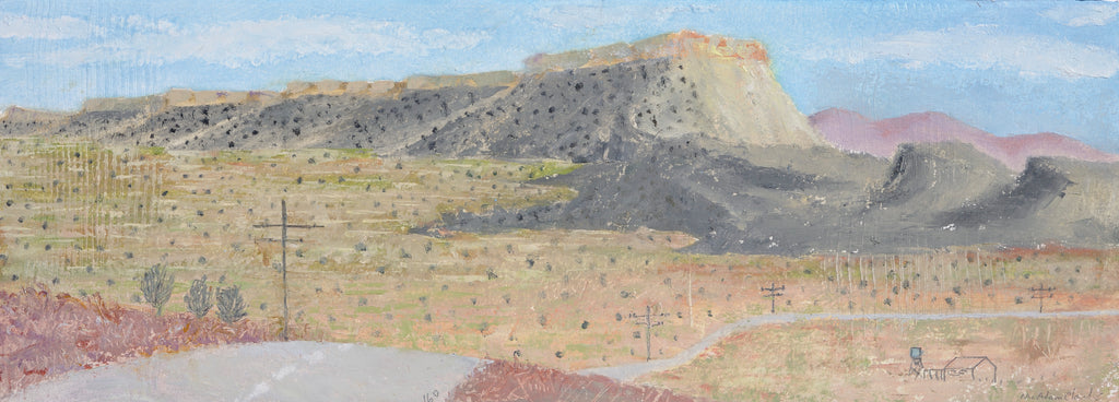A landscape painting depicting a desert scene with a prominent mesa, sparse cacti, a winding road, and a blue sky.