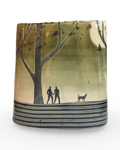 Cat Santos 'Dog Walkers Vessel' (green) ceramic H23xW20xD12cm
