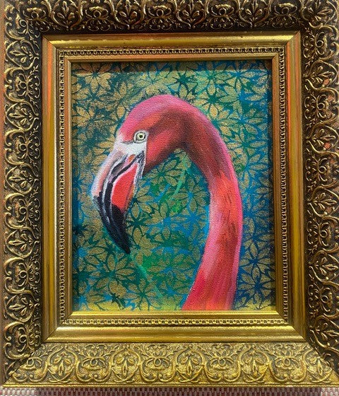 Charlotte Gerrard 'Flamingo on green' acrylic on canvas 26x20cm