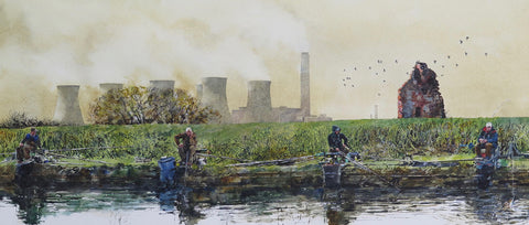 Chris Myers 'Fishing on the Trent' watercolour 32x80cm