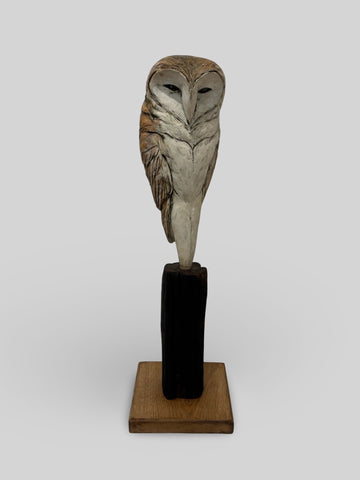 David Cooke 'Barn Owl' ceramic on wood H67xW20xD20cm