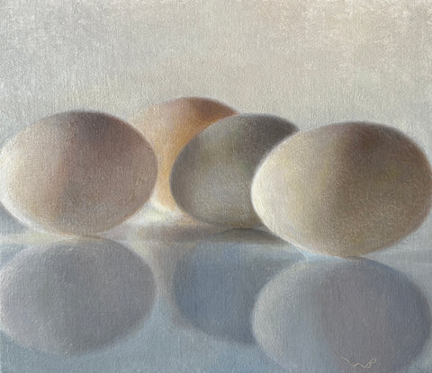 David Williams-Bulkeley 'Four Duck Eggs' oil on linen 30x40cm