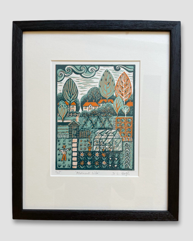 Diana Croft 'Allotment Life' reduction linocut ed 13 of 20 (framed)