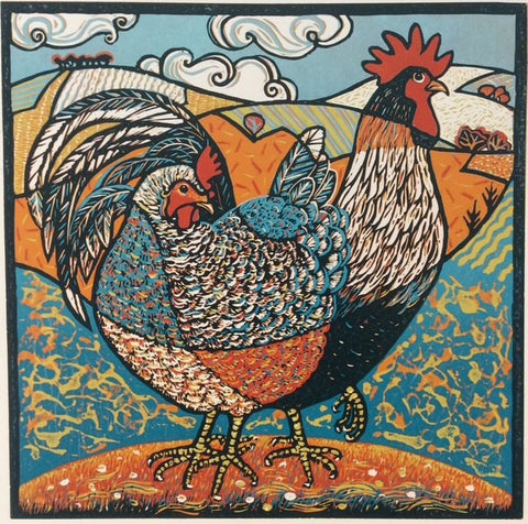 Diana Croft 'Chanticleer and Pertelote' reduction linocut 30x30cm