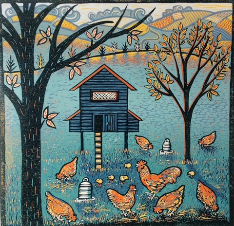 Diana Croft 'Free Range' reduction linocut 30x30cm