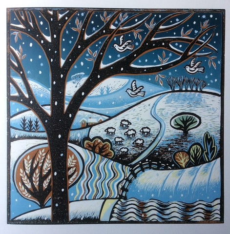 Diana Croft 'Snow on the Hills' reduction linocut 30x30cm (unframed)