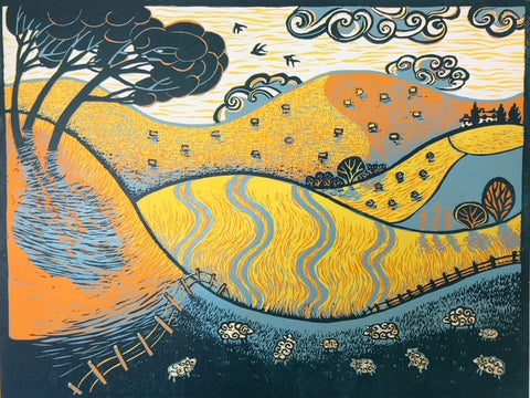 Diana Croft 'Summer Swallows' reduction linocut 30x40cm (unframed)