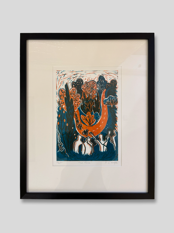 Diana Croft 'The Race' reduction linocut ed 20 of 75 (framed)