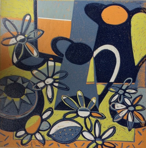 Diana Croft 'Thinking of Mary Quant' reduction linocut 20x20cm (unframed)