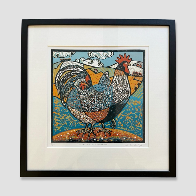 Diana Croft 'Chanticleer and Pertelote' reduction linocut 30x30cm