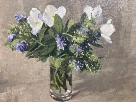 Christopher Miers RBA 'Hebe and Christmas Roses' oil 20x25cm