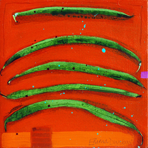 Emma Dunbar 'Beans on orange' acrylic on block board 15x15cm £275