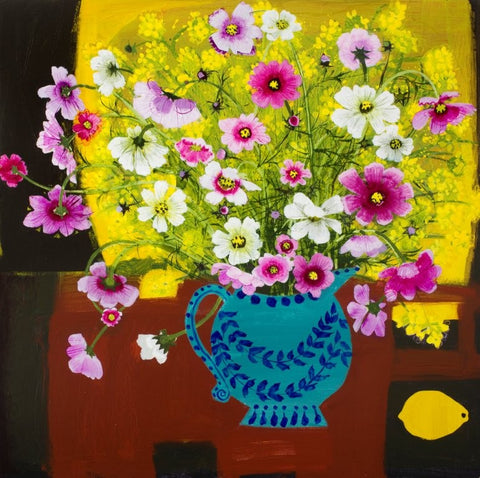 Emma Dunbar 'Cosmos and Oilseed Rape' acrylic on board 61x61cm