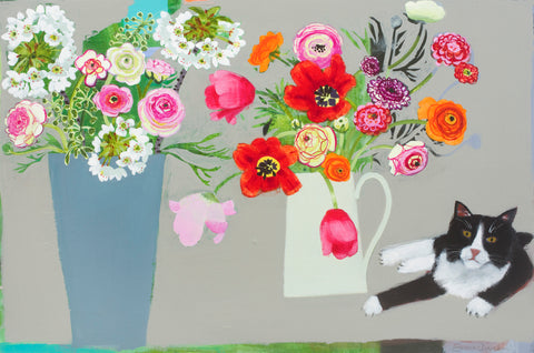 Emma Dunbar 'Fabulous Flowers and a Black and White Neighbour' acrylic on board 61x91cm
