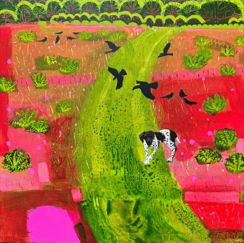 Emma Dunbar 'Harassed by Crows in the Red Field' acrylic on board 45x45cm