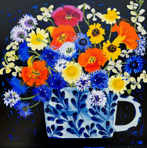 Emma Dunbar 'Nastursiums and Cornflowers' acrylic on board 30x30cm