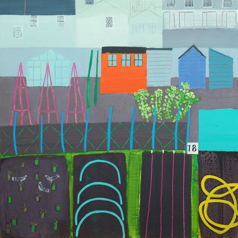Emma Dunbar 'Orange hut, yellow hose' acrylic on board 46x46cm £1100