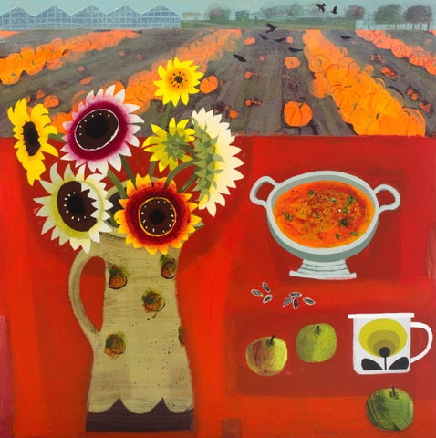 Emma Dunbar 'Pumpkin Soup and Sunflowers' acrylic on board 76x76cm