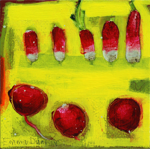 Emma Dunbar 'Repainted Radishes' acrylic on block board 15x15cm £275