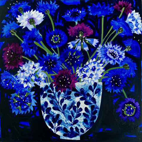 Emma Dunbar 'Sophie's Cornflowers in Sifnos Cup' acrylic on board 30x30cm