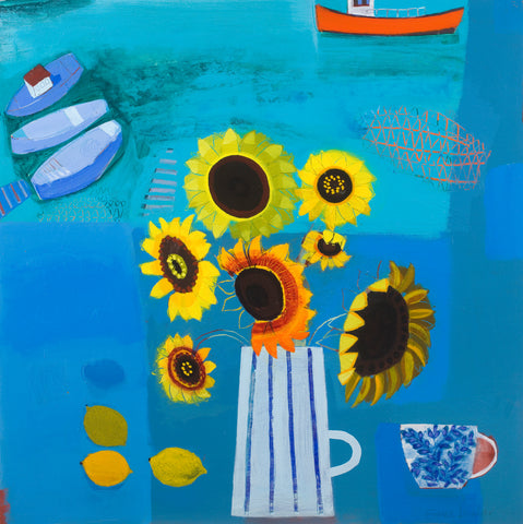 Emma Dunbar 'Sunflowers from Tim's Allotment' acrylic on canvas 76x76cm