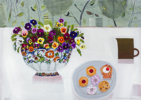 Emma Dunbar 'Teatime Violas' acrylic on board 50x70cm