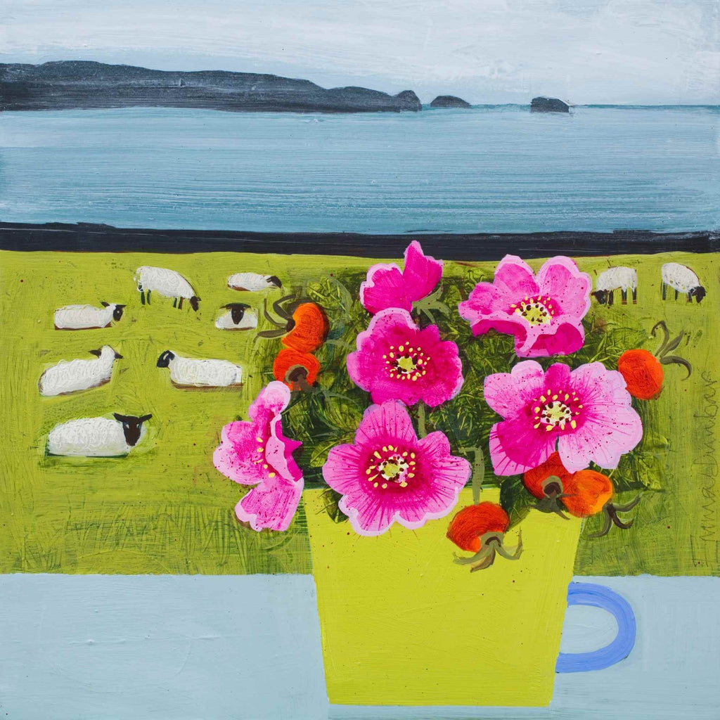 Emma Dunbar 'Wild roses and cliff top sheep' acrylic on panel 30x30cm