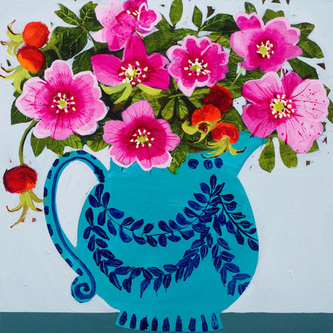 Emma Dunbar 'Wild roses in a fat teal jug' acrylic on panel 30x30cm
