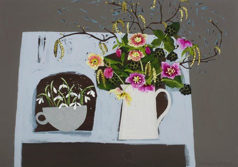 Emma Dunbar 'Winter table, Snowdrops, Hellebores' acrylic on board 50x70cm £1995