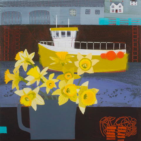 Emma Dunbar 'Yellow boat, yellow daffodils' acrylic on board 46x46cm £1300