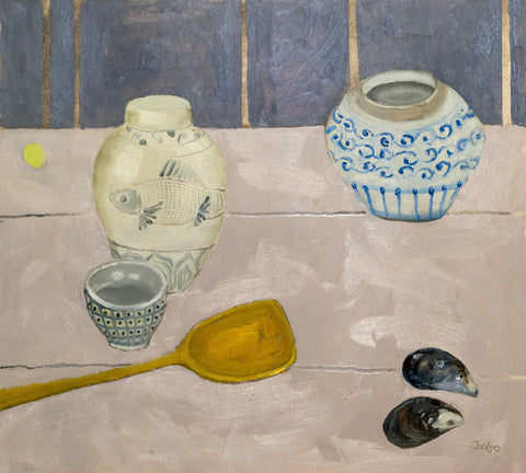 Fiona MacRae 'Yellow Melamine' oil on paper 41x43cm (64x66cm framed)