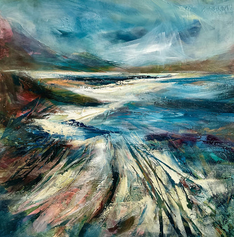 Fiona Matheson 'Grand Shore, Barra' oil on acrylic on deep edge canvas 80x80cm