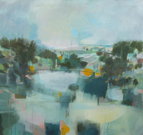 Fiona Millais 'Around the Rain Pool' acrylic on cradled panel 76x81cm