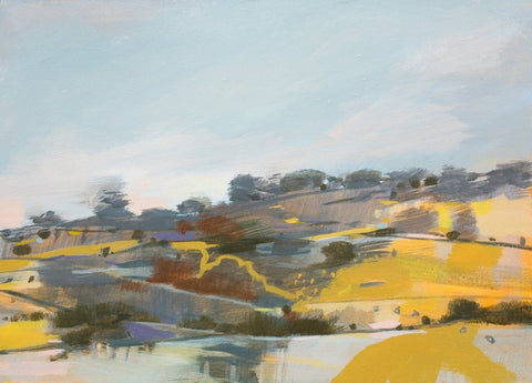 Fiona Millais 'Gorse Hill' acrylic on cradled panel 25.5x35.5cm