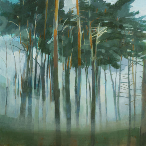 Fiona Millais 'Heron Wood, Mist' acrylic on cradled panel 61x61cm