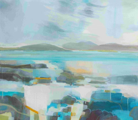 Fiona Millais 'Pink Sand and Rockpools' acrylic on canvas 70x80cm