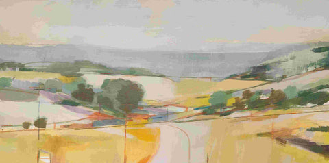 Fiona Millais 'Towards Hay on Wye' acrylic on cradled panel 30x60cm