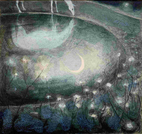 Flora McLachlan 'Dewpond' ink and watercolour 9x10cm